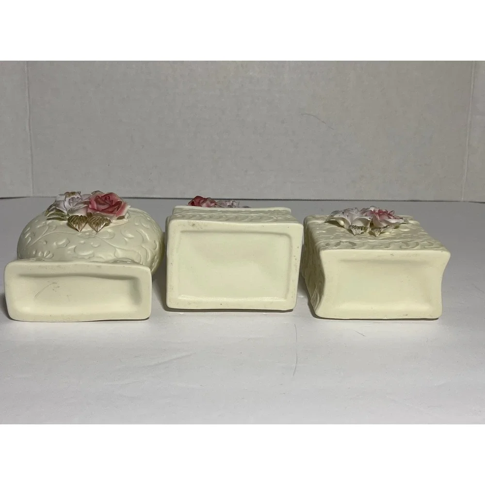 Vintage 90s Ceramic Vanity Set Cottagecore Heart Vase Trinket Box Brush Holder